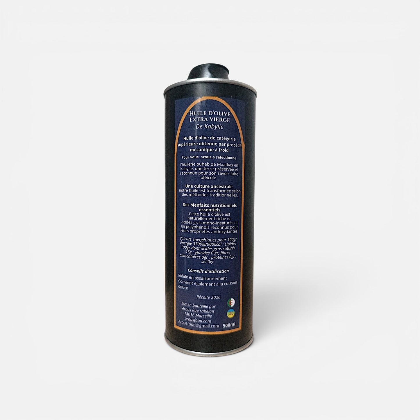 Kabylie Gold Huile d'Olive Extra Vierge, Première Pression à Froid, Massif de Djurdjura, Méthodes Traditionnelles, 500 ml