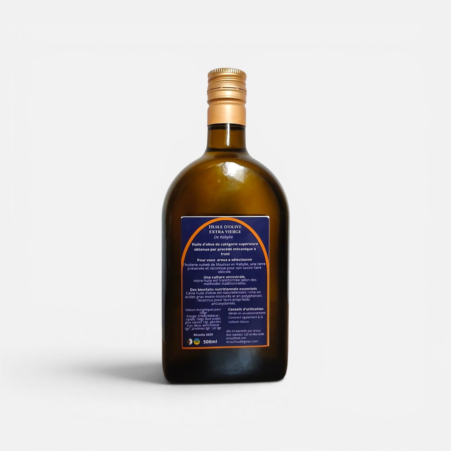 Kabylie Gold Huile d'Olive Extra Vierge, Première Pression à Froid, Massif de Djurdjura, Méthodes Traditionnelles, 500 ml
